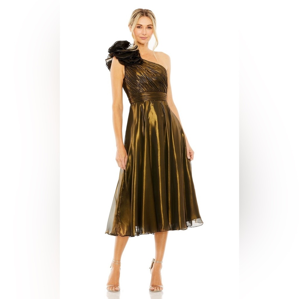 Mac Duggal Rosette Ruffle One Shoulder Tea Length Dress Antique Gold Sz 4 $298